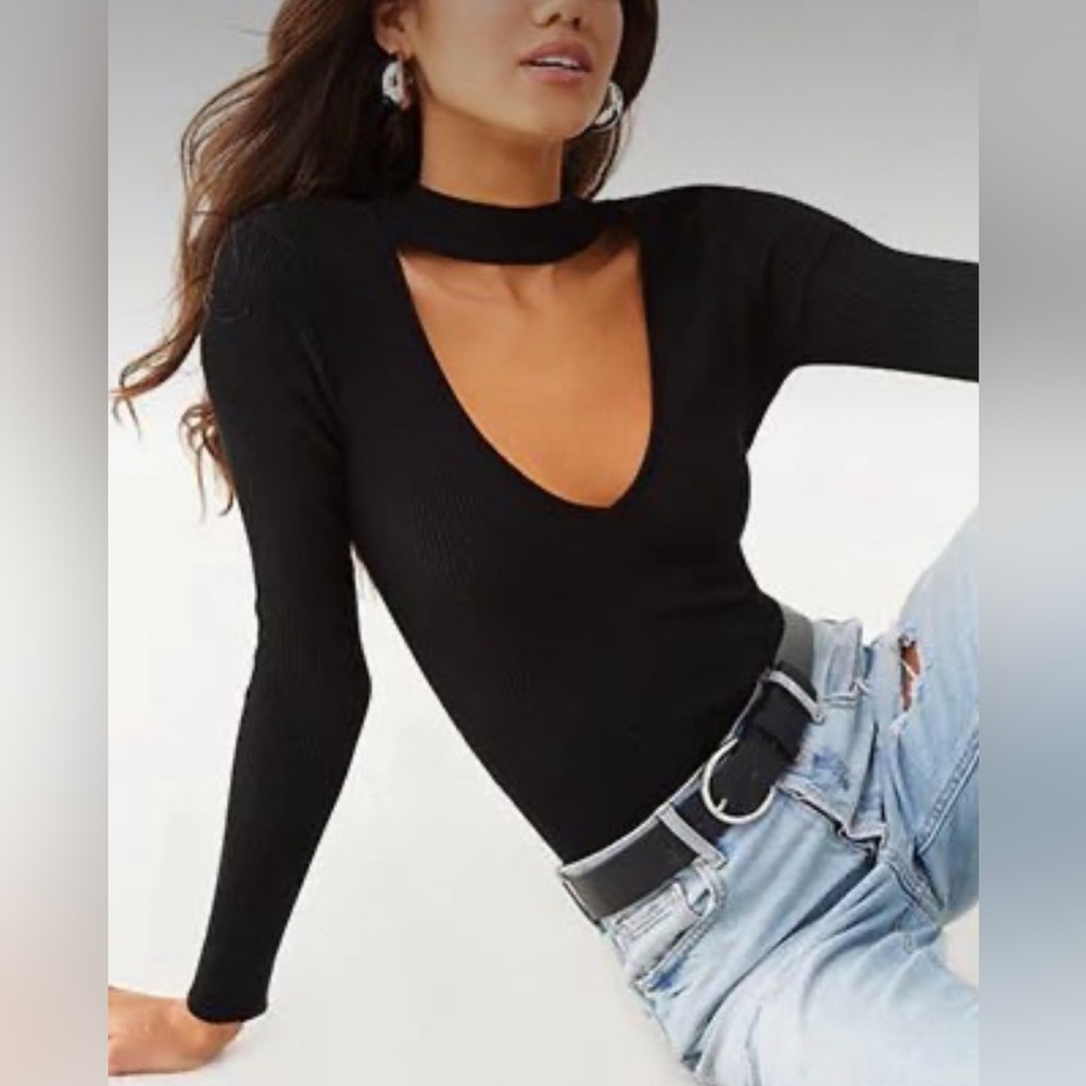 Forever 21 Large Black Ribbed Cutout Bodysuit Long Sleeve